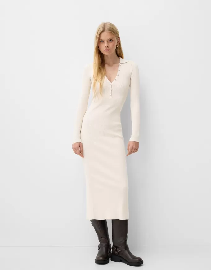 Ribbed polo collar midi dress