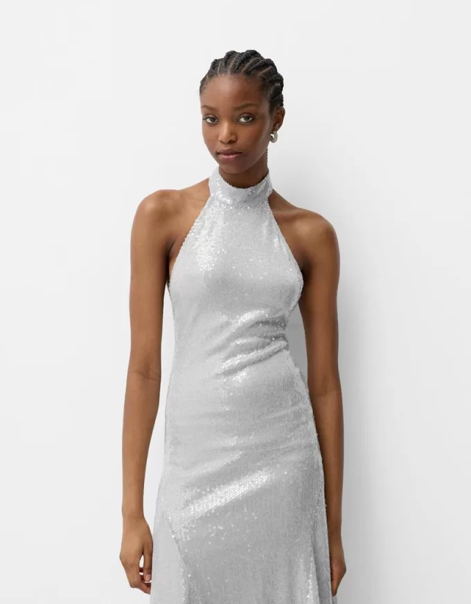 Sequined halter neck midi dress
