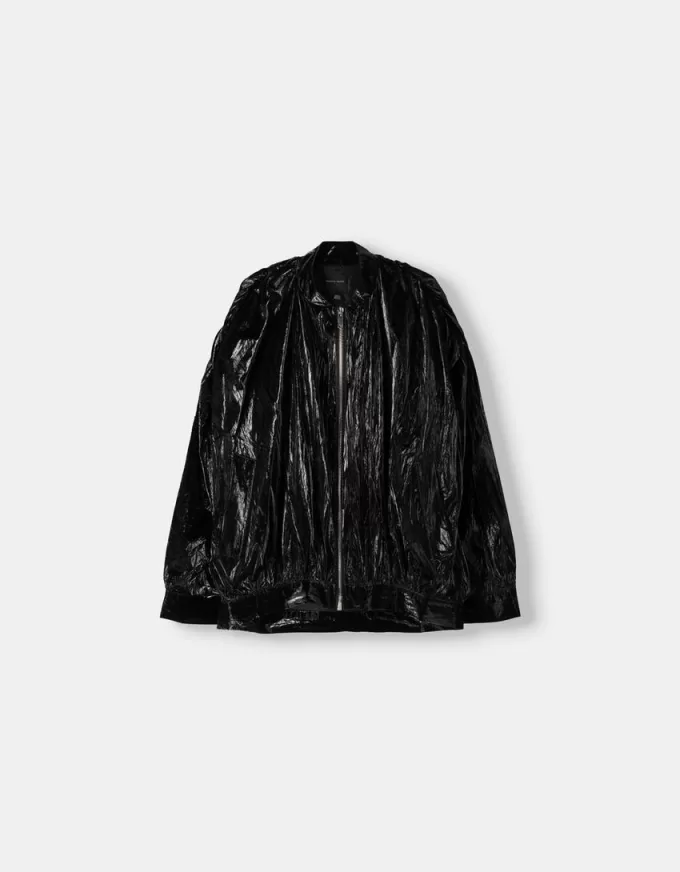 Shiny effect bomber jacket with over print