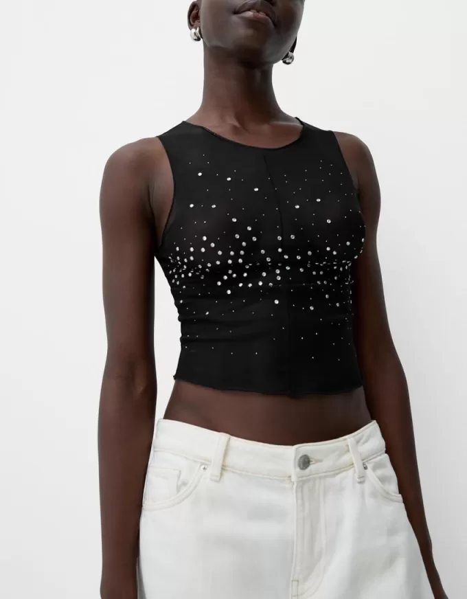 Sleeveless rhinestone tulle T-shirt