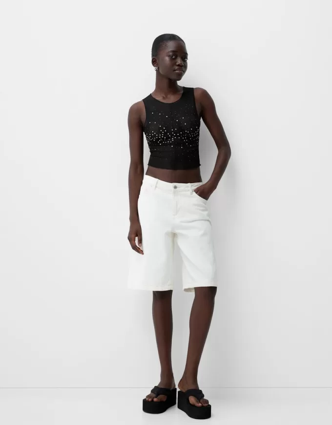 Sleeveless rhinestone tulle T-shirt