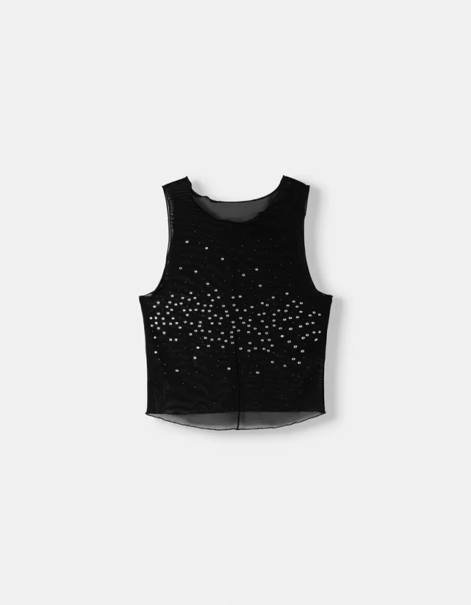 Sleeveless rhinestone tulle T-shirt