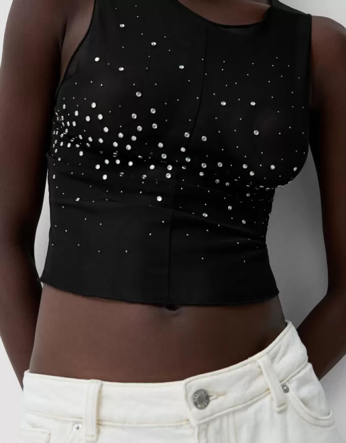 Sleeveless rhinestone tulle T-shirt