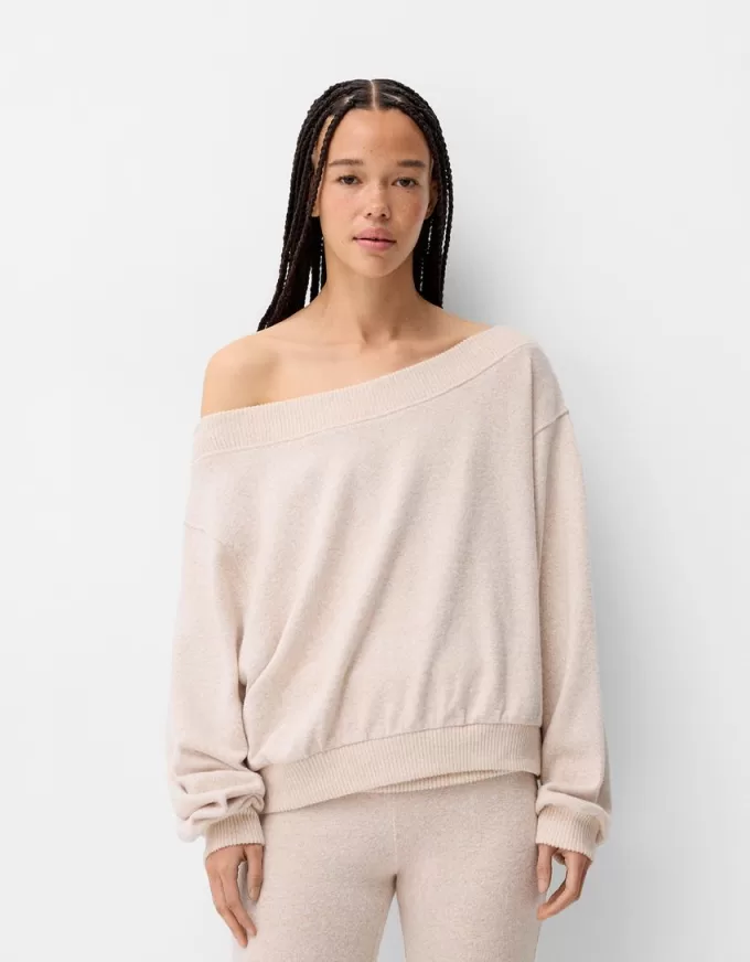 Soft touch asymmetric neck sweater