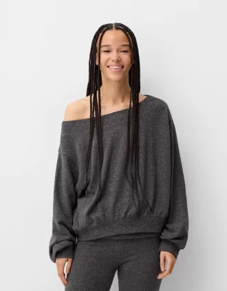 Soft touch asymmetric neck sweater