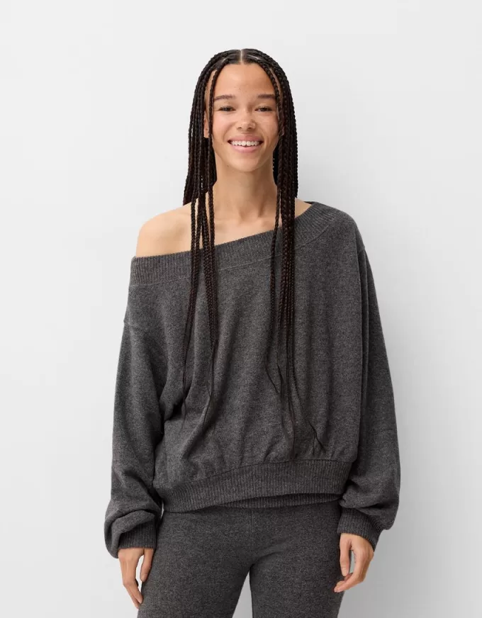 Soft touch asymmetric neck sweater