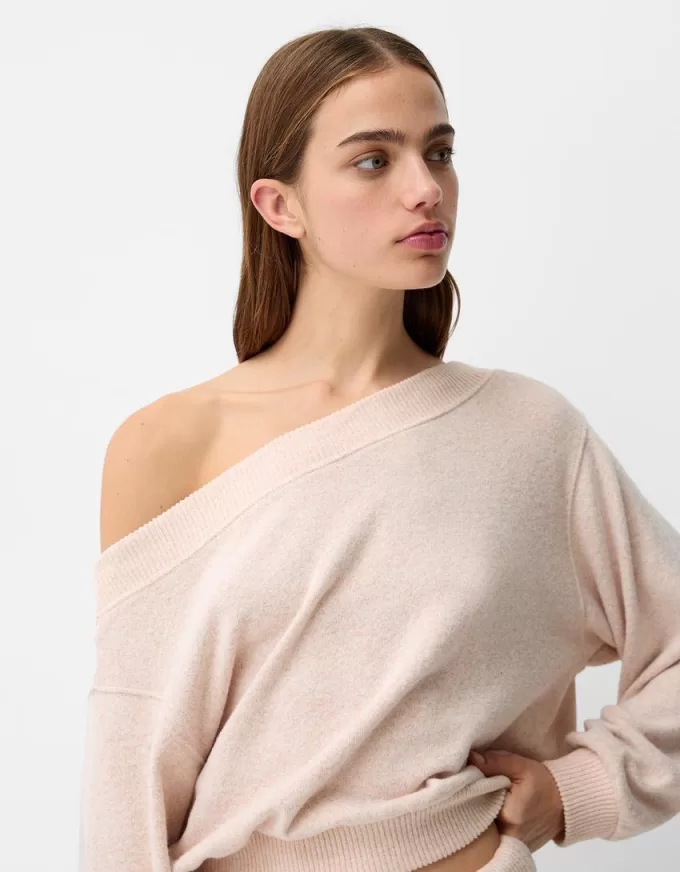 Soft touch asymmetric neck sweater