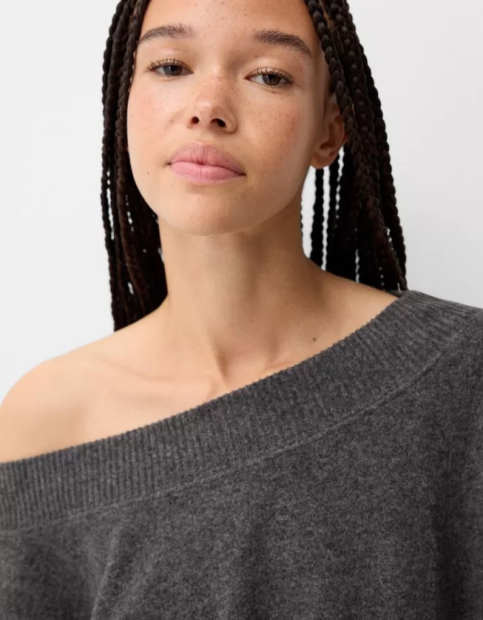 Soft touch asymmetric neck sweater