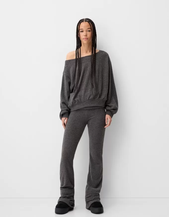 Soft touch asymmetric neck sweater