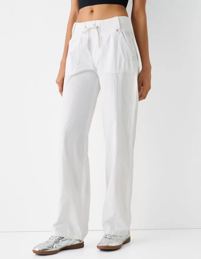 Straight fit cotton pants with ribbed waist Straight fit cotton pants with ribbed waist