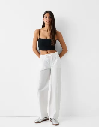 Straight fit cotton pants with ribbed waist