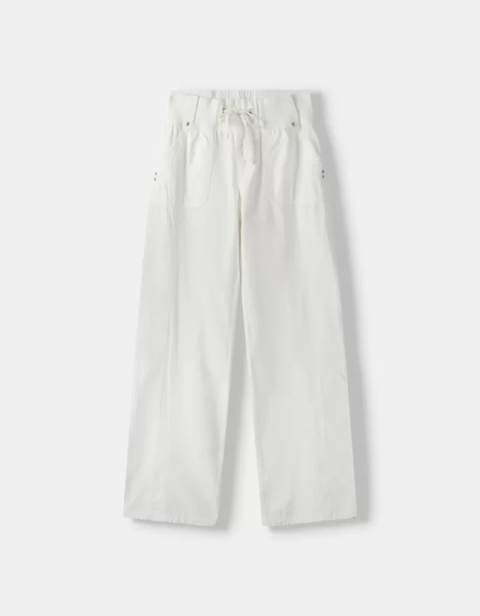 Straight fit cotton pants with ribbed waist Straight fit cotton pants with ribbed waist