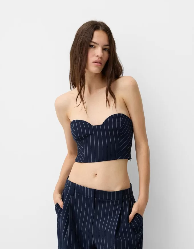 Striped metallic thread bandeau top with sweetheart neckline Striped metallic thread bandeau top with sweetheart neckline