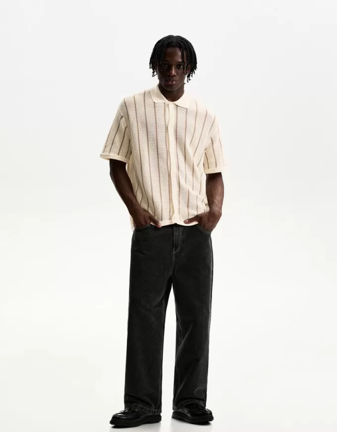 Striped textured short sleeve shirt