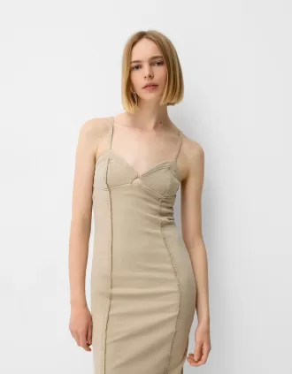 Twill midi dress with straps and seam details