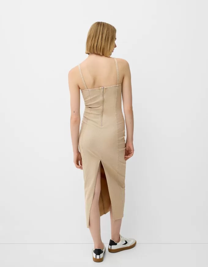Twill midi dress with straps and seam details