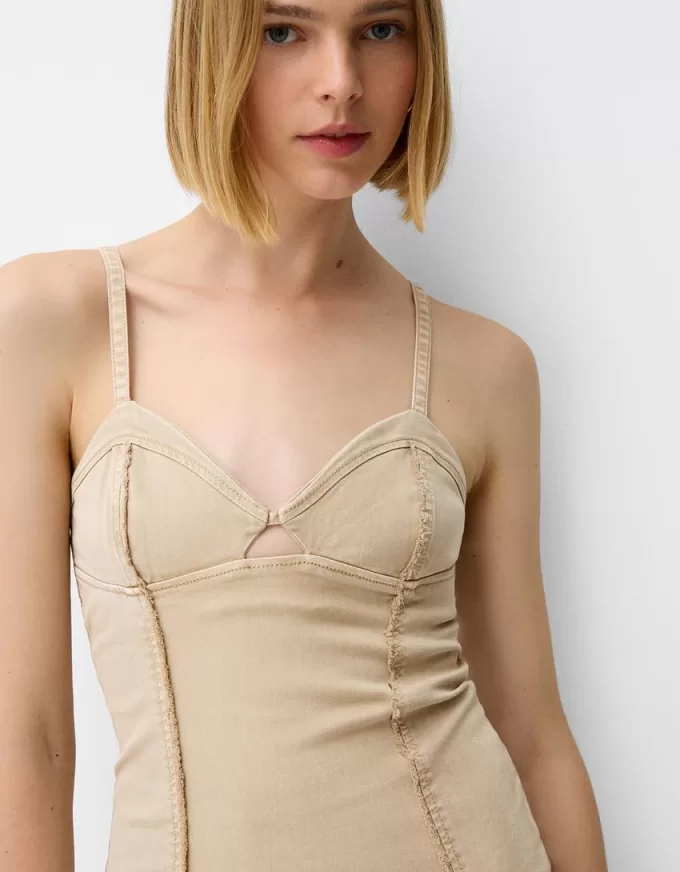 Twill midi dress with straps and seam details