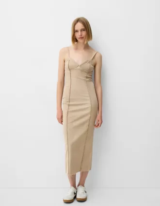 Twill midi dress with straps and seam details