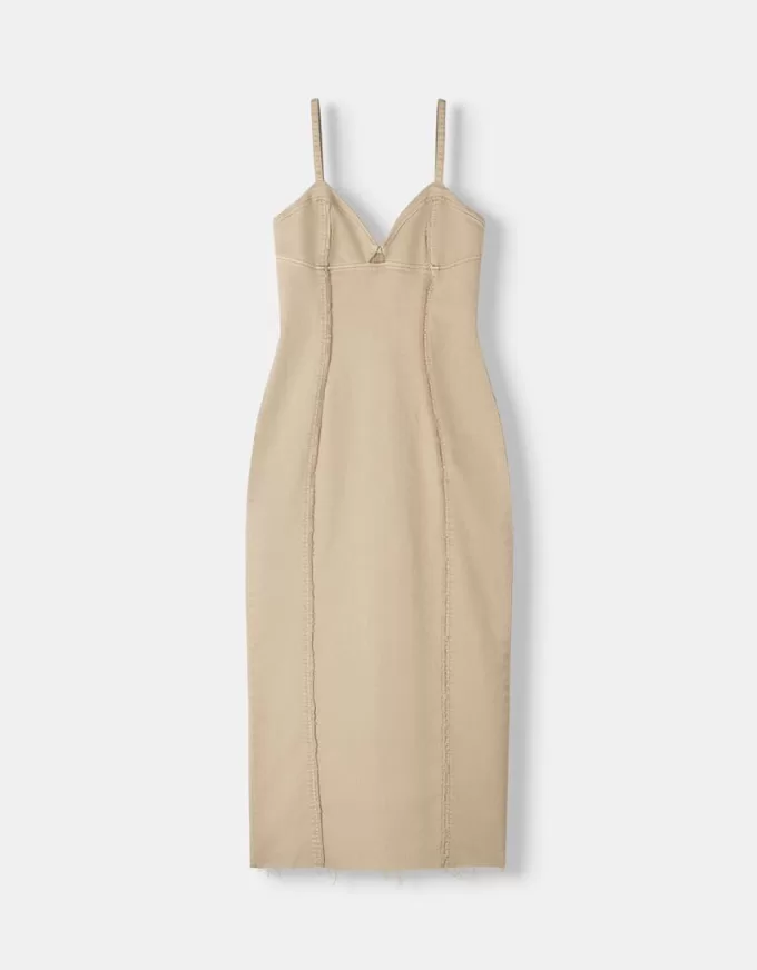 Twill midi dress with straps and seam details