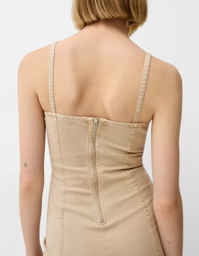 Twill midi dress with straps and seam details