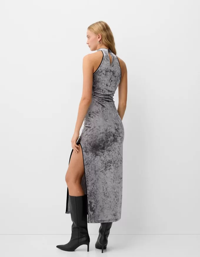 Velvet midi dress with teardrop neckline