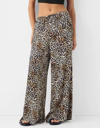 Wide-leg sateen animal print pants