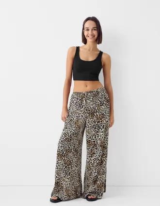 Wide-leg sateen animal print pants