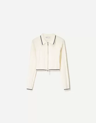 Zip-up jacket with cable-knit polo collar