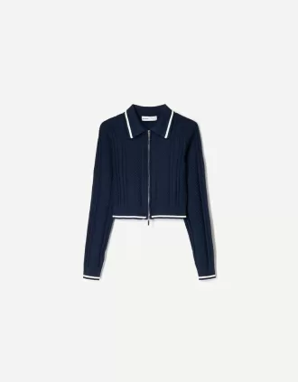 Zip-up jacket with cable-knit polo collar