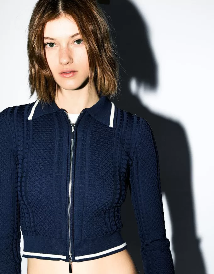Zip-up jacket with cable-knit polo collar Zip-up jacket with cable-knit polo collar