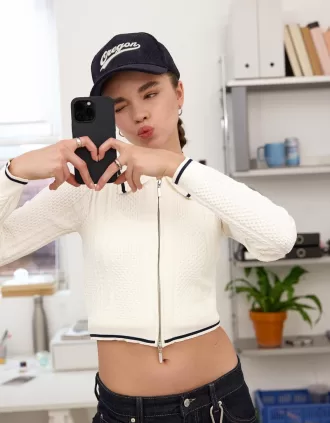 Zip-up jacket with cable-knit polo collar