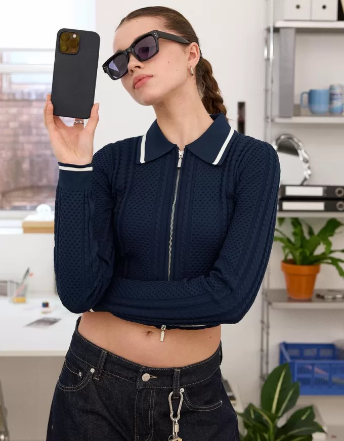 Zip-up jacket with cable-knit polo collar Zip-up jacket with cable-knit polo collar